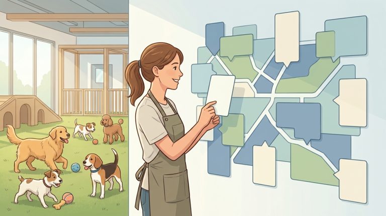 Illustration of a dog daycare owner planning local service coverage with dogs playing nearby.