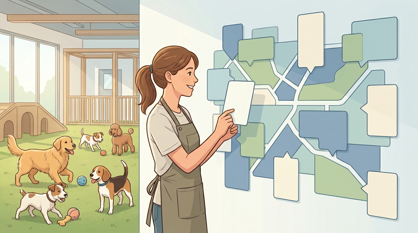 Illustration of a dog daycare owner planning local service coverage with dogs playing nearby.