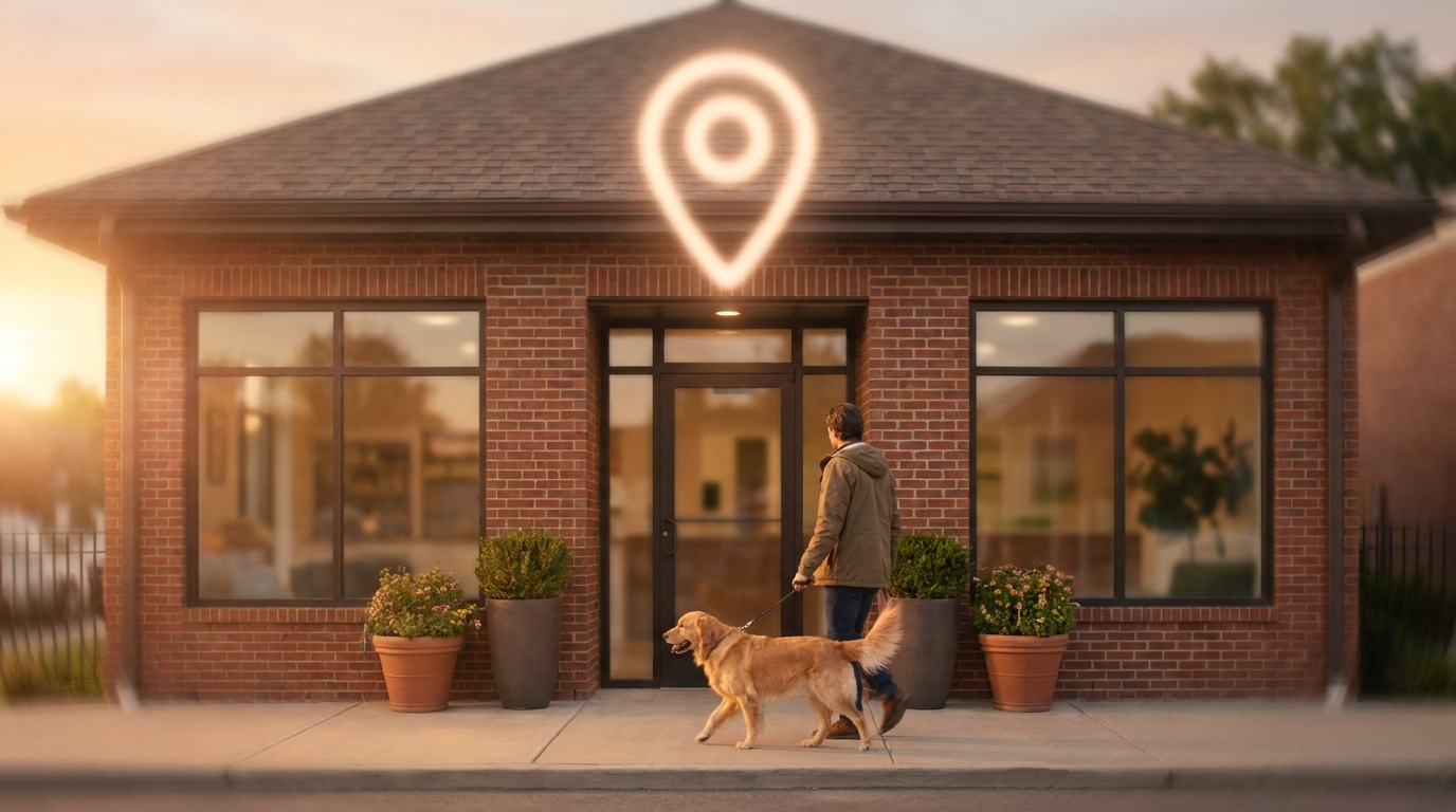 Dog owner walking a dog toward a clean neighborhood daycare and boarding facility with a location marker visual.