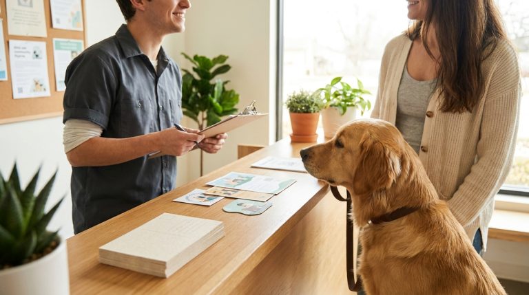 Dog daycare staff member helping a pet owner at the front desk with blank local marketing materials nearby.