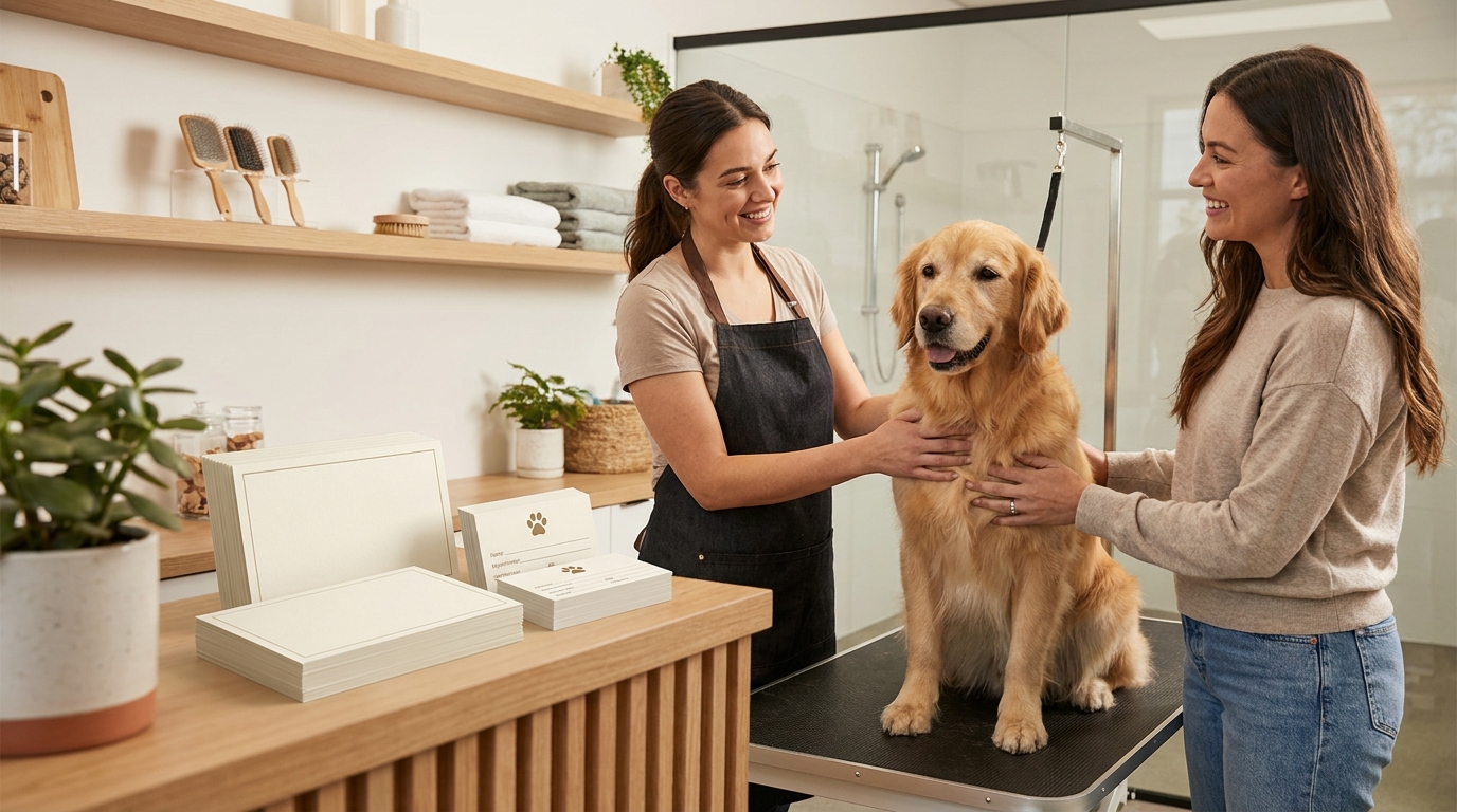 Groomer and pet owner beside a calm dog on a grooming table with blank referral cards nearby.