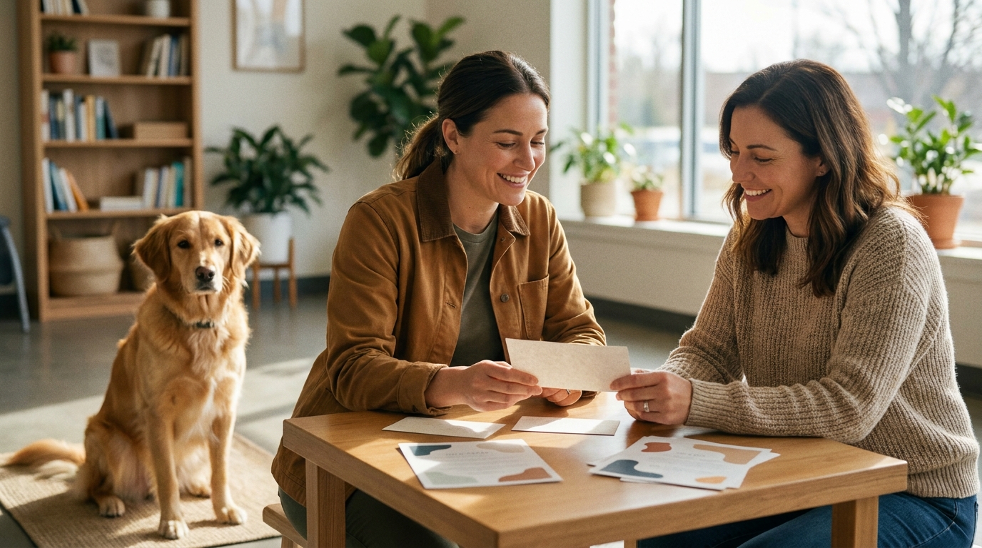 Dog trainer consulting with a dog owner at a table with blank referral cards while a calm dog sits nearby.