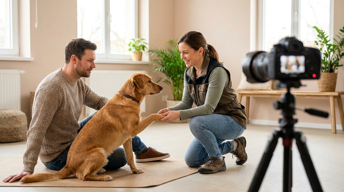Dog trainer working calmly with a dog and owner while a camera records the training moment.